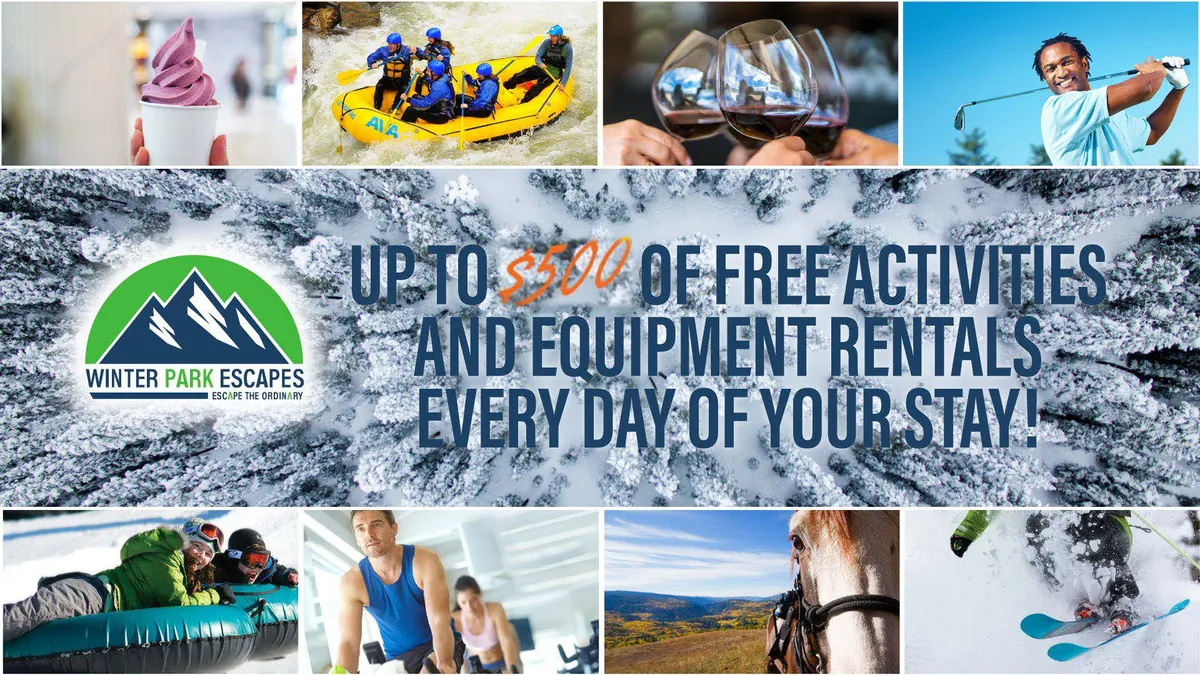 A dynamic, collage-style promotional image featuring activities such as rafting, skiing, horseback riding, golfing, and wine tasting, all branded with the Winter Park Escapes logo. Each activity is vividly depicted, conveying a sense of energy and variety.