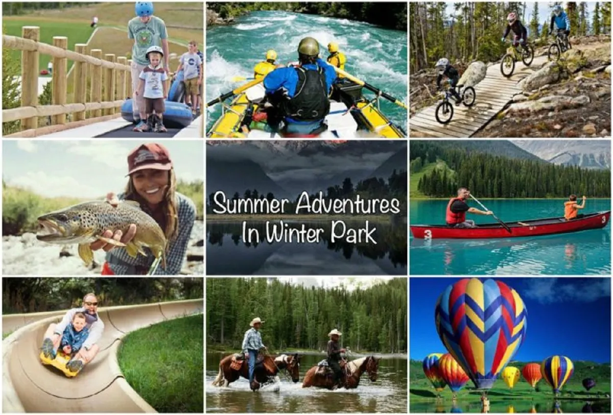 A lively summer scene featuring families biking along scenic trails, children sliding on a playground, kayakers on a calm lake, hot air balloons soaring above, and anglers celebrating a catch. The image radiates energy, fun, and togetherness during warmer months, offering a sense of endless outdoor possibilities.