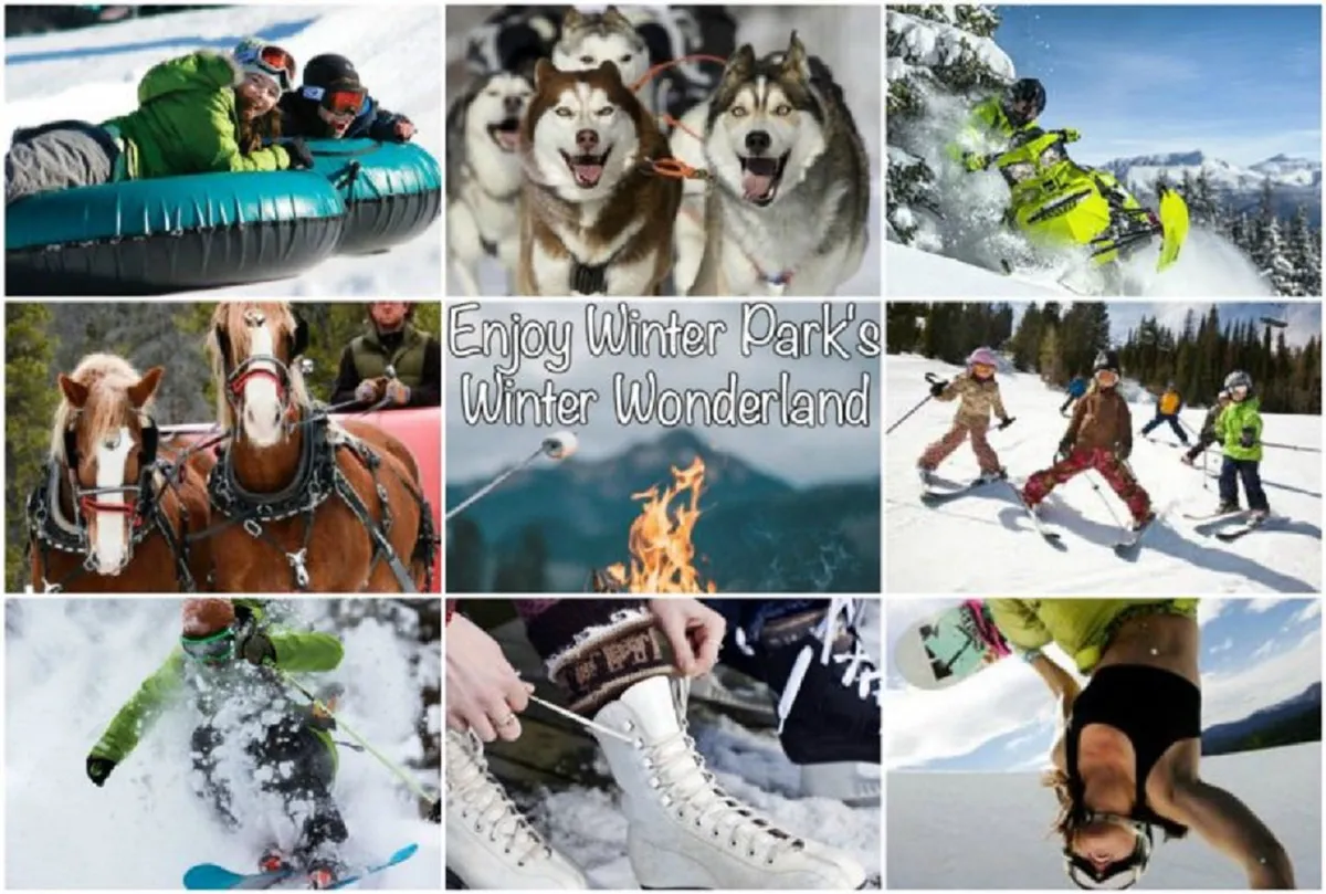 This energetic exterior scene captures families enjoying a winter wonderland with children tubing down snowy hills, snowmobilers racing across the landscape, dog sledding huskies, horses for sleigh rides, and groups gathered by a cozy bonfire. The varied activities and joyful interactions reflect the diversity of winter fun available in the Rocky Mountains.